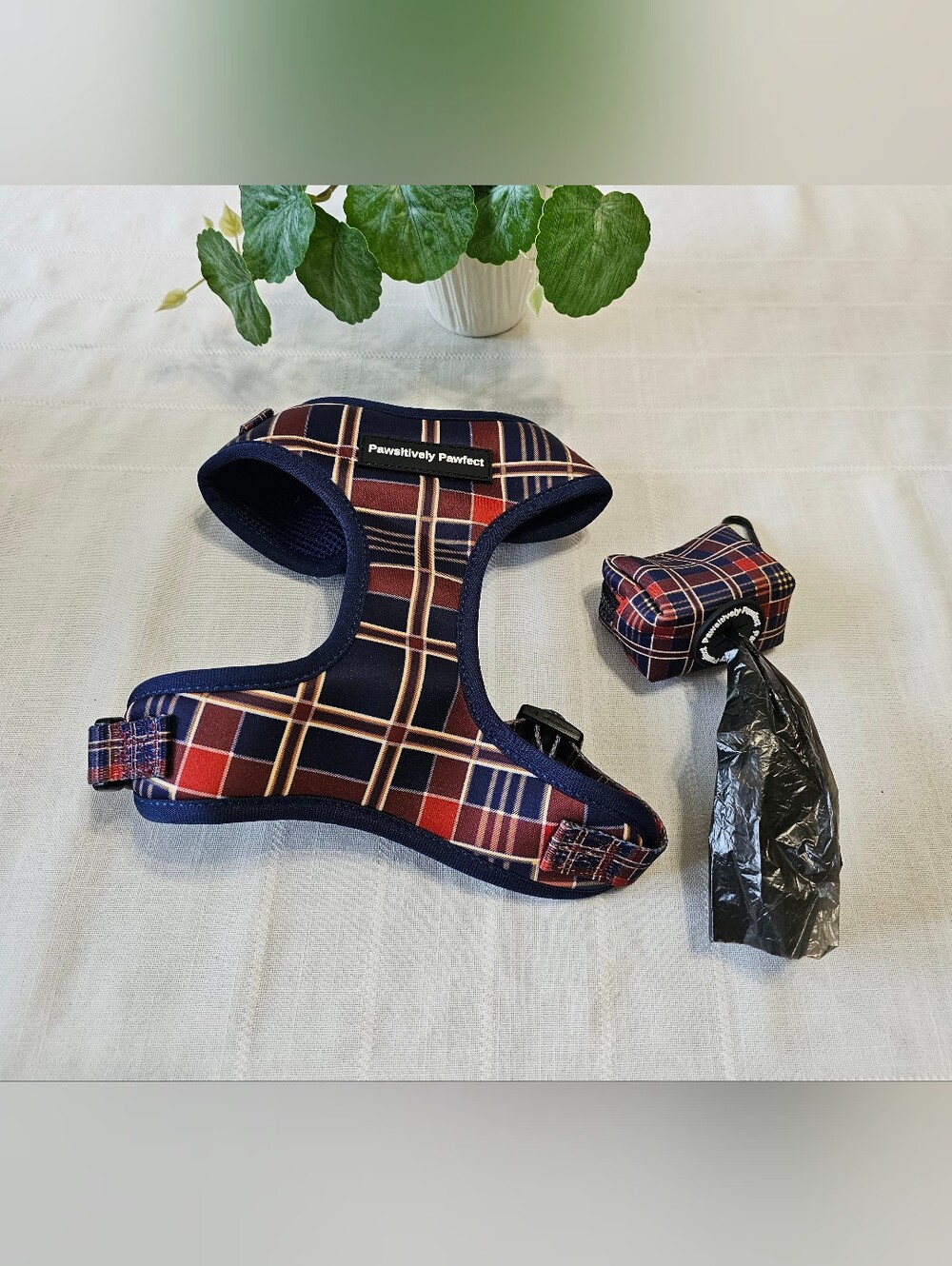Pawsitively Pawfect Red & Navy Plaid Dog Harness with Waste Bag Holder - Medium